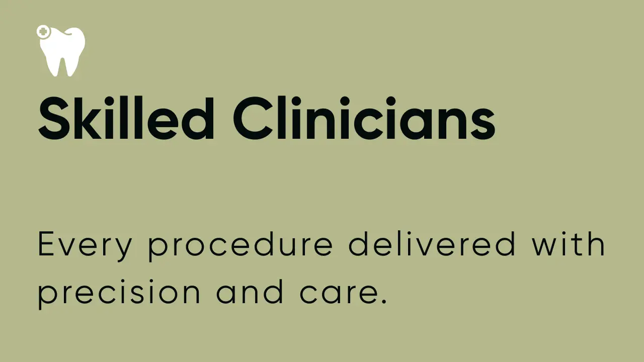Badge stating that we have Skilled clinicians, with every procedure being delivered with precision and care